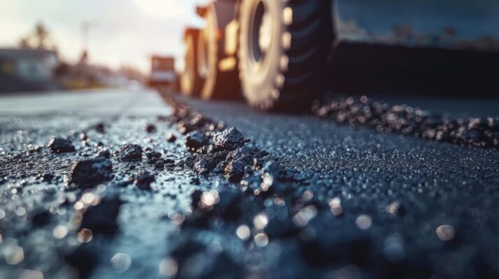 Sealcoatin crew working on the asphalt road